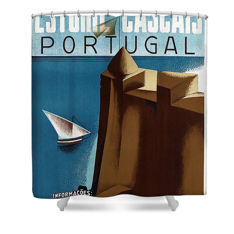Estoril Shower Curtain featuring the mixed media Visite Estoril-Cascais Portugal - Sailboat - Retro travel Poster - Vintage Poster by Studio Grafiikka