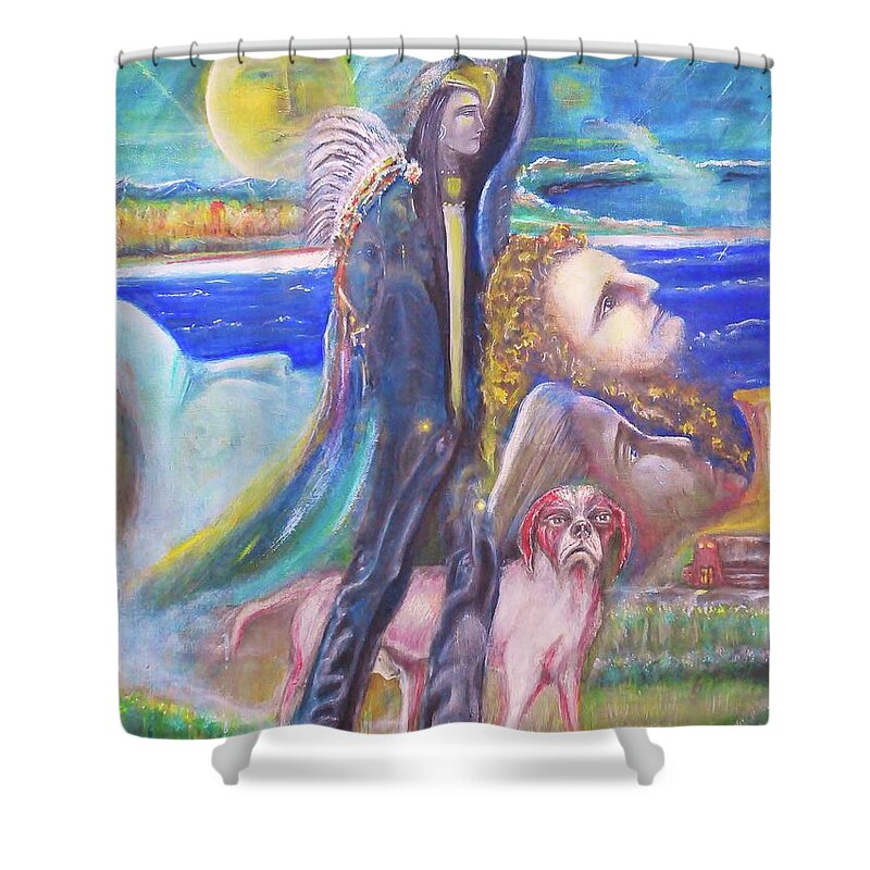 Native Amerian Shower Curtain featuring the painting Visiting Star Beings by Kicking Bear Productions