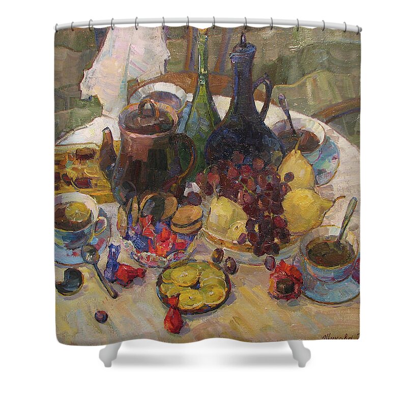 Still Life Shower Curtain featuring the painting Visitors by Juliya Zhukova