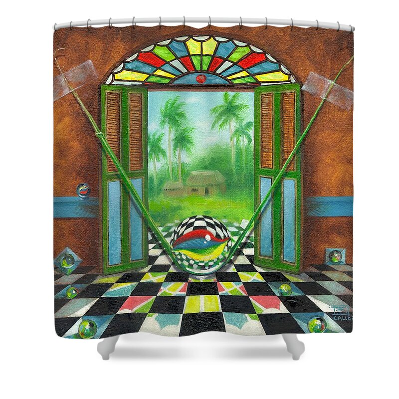 Marbles Shower Curtain featuring the painting Vitrales Campesino by Roger Calle