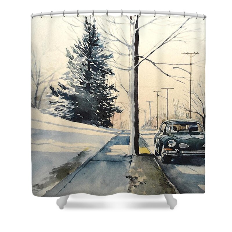 Volkswagen Shower Curtain featuring the painting Volkswagen Karmann Ghia on snowy road by Christopher Shellhammer