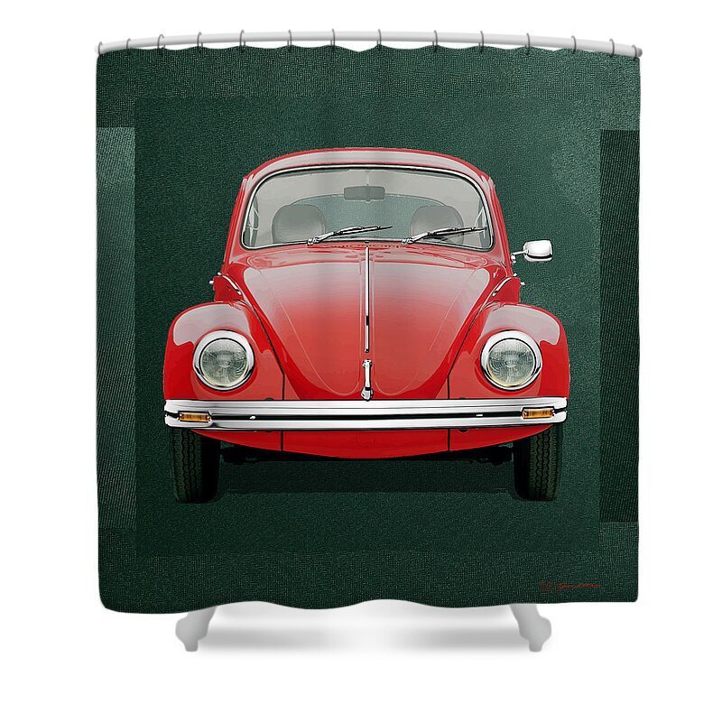 'volkswagen - Bugs And Buses' Collection By Serge Averbukh Shower Curtain featuring the digital art Volkswagen Type 1 - Red Volkswagen Beetle on Green Canvas by Serge Averbukh