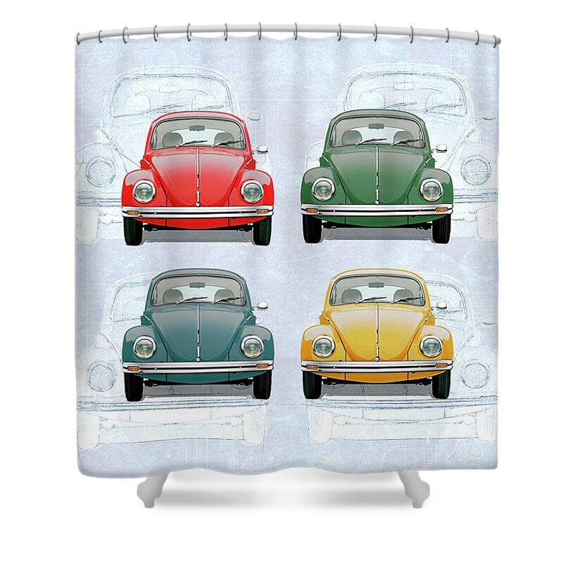 'volkswagen - Bugs And Buses' Collection By Serge Averbukh Shower Curtain featuring the digital art Volkswagen Type 1 - Variety of Volkswagen Beetle on Vintage Background by Serge Averbukh
