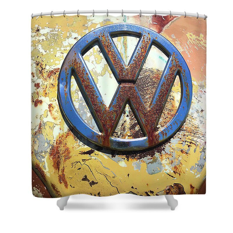 Kelly Hazel Shower Curtain featuring the photograph Volkswagen VW Emblem with Rust by Kelly Hazel