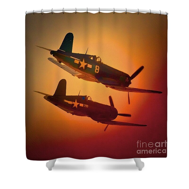 Transportation Shower Curtain featuring the photograph Vought F4U Corsair Sunset Two Ship by Gus McCrea
