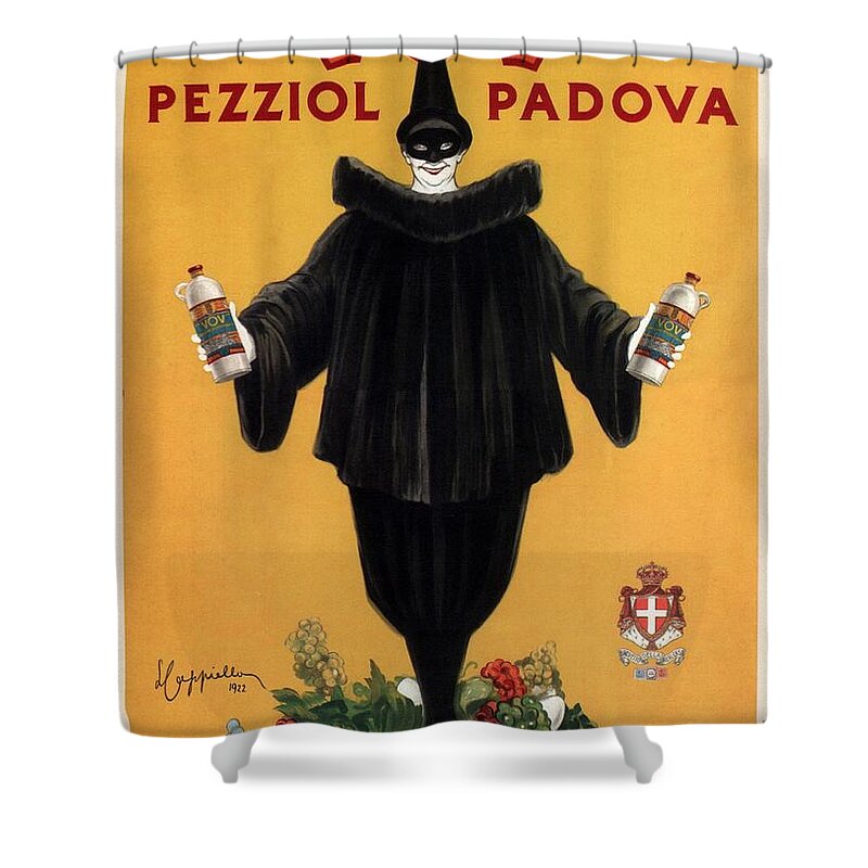 Vintage Shower Curtain featuring the mixed media Vov Pezziol - Italian Liquer - Padova, Italy - Vintage Advertising Poster by Studio Grafiikka