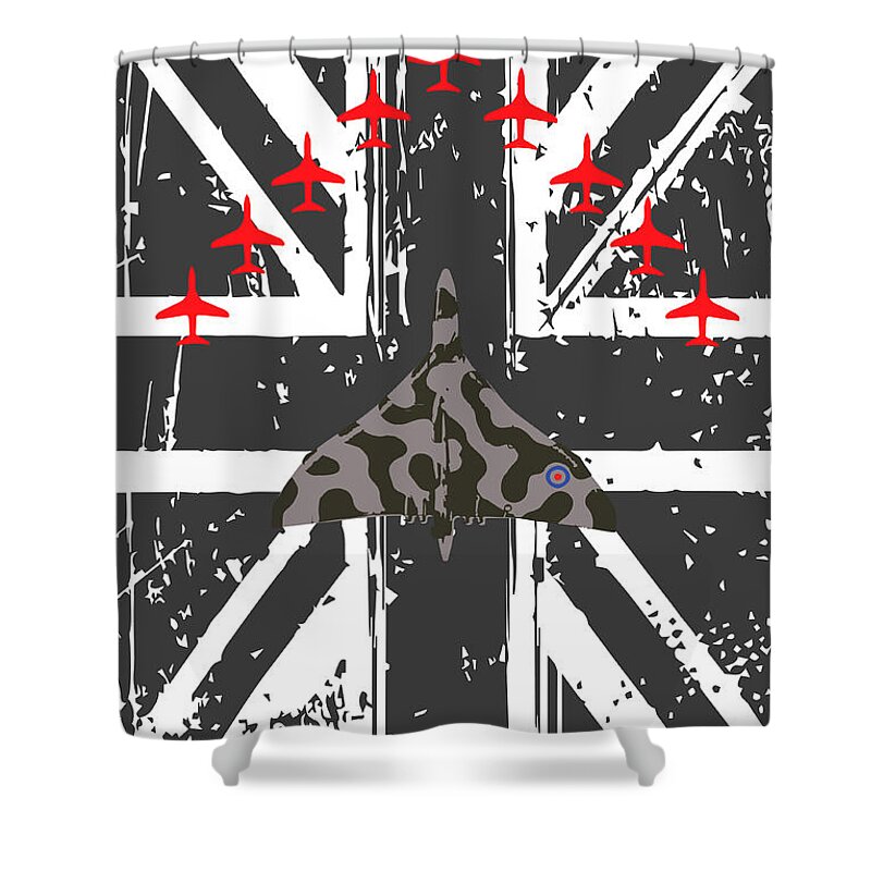 Vulcan Shower Curtain featuring the digital art Vulcan and Red Arrows Tribute by Airpower Art