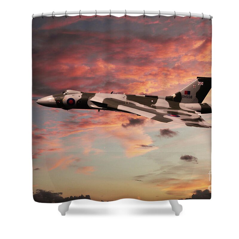 Avro Vulcan Bomber Shower Curtain featuring the digital art Vulcan Pass v3 by Airpower Art