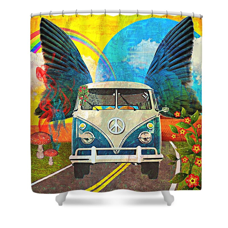 Volkswagen Shower Curtain featuring the mixed media VW Bus Trip by Ally White