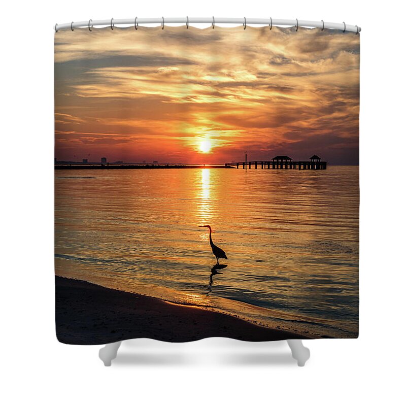 Shorebirds Shower Curtain featuring the photograph Wading Heron At Sunrise by JASawyer Imaging