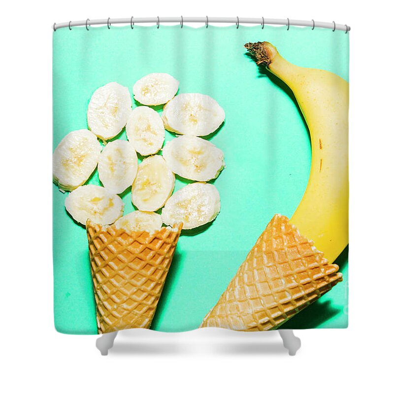 Summer Shower Curtain featuring the photograph Waffle cones with fresh banana by Jorgo Photography