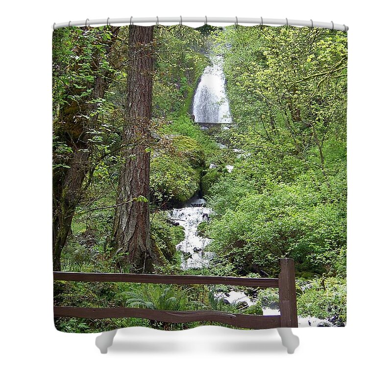 Wahkeena Falls Shower Curtain featuring the photograph Wahkeena Falls behind Fence by Charles Robinson