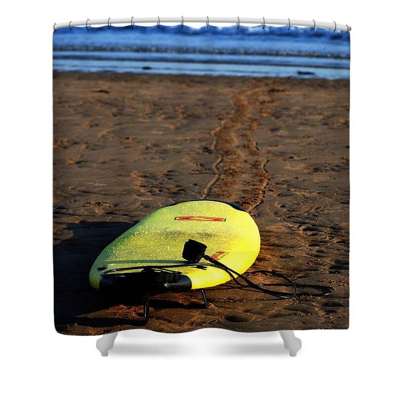 Surf Board Surfing Beach Yellow Waves Sea Horizon Tether Shower Curtain featuring the photograph Waiting for the Big One by Richard Gibb