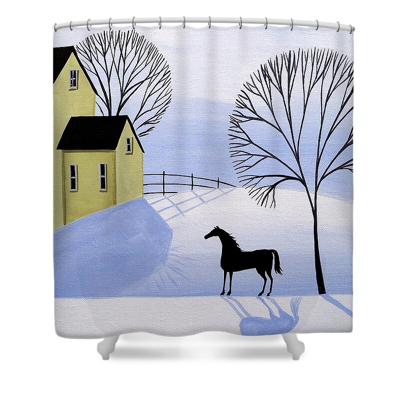 Black Shower Curtain featuring the painting Waiting On Spring - horse winter farm by Debbie Criswell