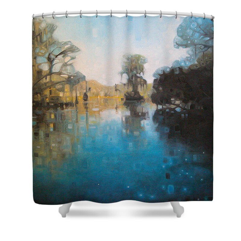 Wakulla National Park State Park Swamp Cypress Trees Forest Landscape Woods Water Ocean Manatees Wildlife Spanish Moss Sunlight Shower Curtain featuring the painting Wakulla Springs Florida by T S Carson