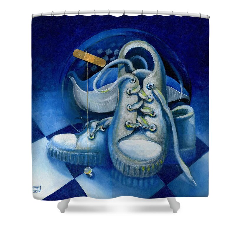 Surrealism Shower Curtain featuring the painting Walk for Health by Roger Calle