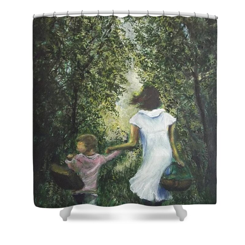 Woods Shower Curtain featuring the painting Walk in the Woods... by Lizzy Forrester