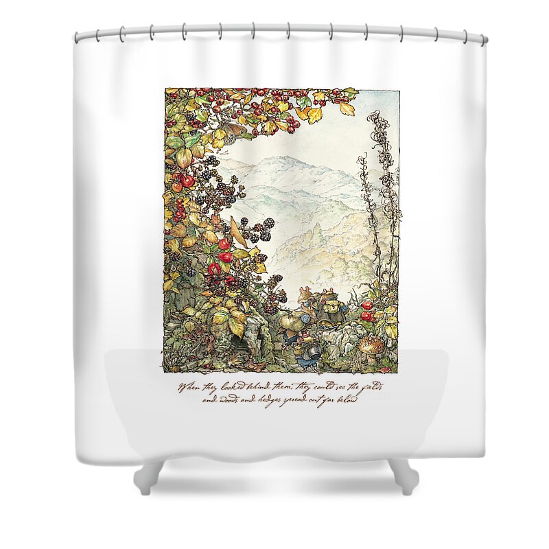 Brambly Hedge Shower Curtain featuring the drawing Walk to the High Hills by Brambly Hedge