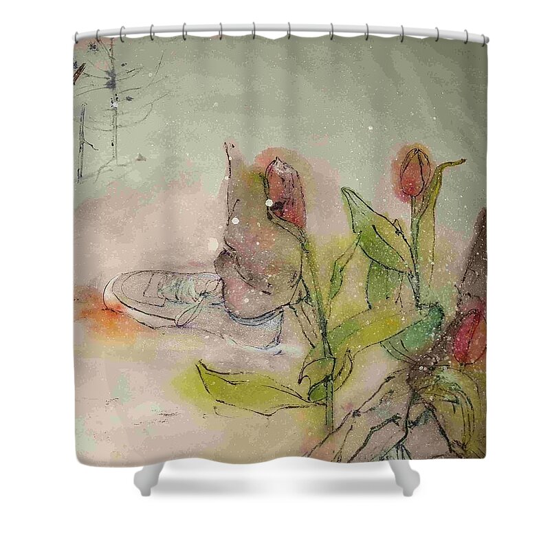 Garden. Feet. Flowers. Tulips Shower Curtain featuring the painting Walking in by Debbi Saccomanno Chan