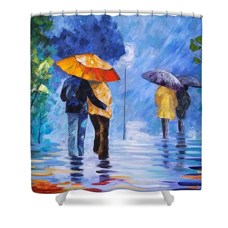 Landscape Shower Curtain featuring the painting Walking in the Rain by Rosie Sherman