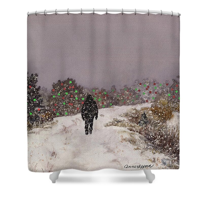 Snowy Painting Shower Curtain featuring the painting Walking Into the Light by Anne Gifford