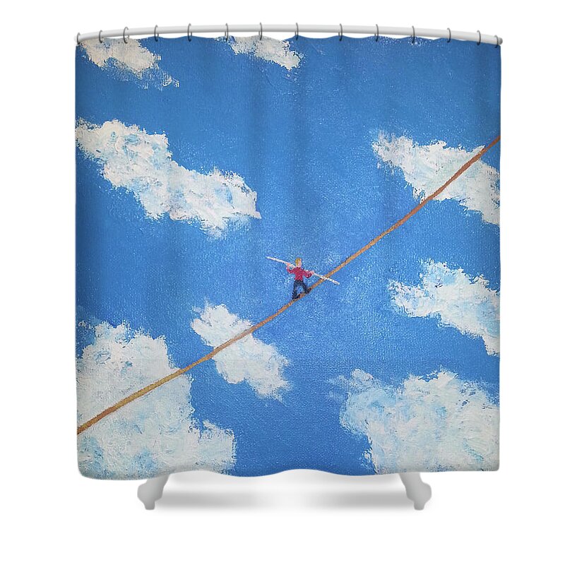 Tightrope Walker Shower Curtain featuring the painting Walking the Line by Thomas Blood