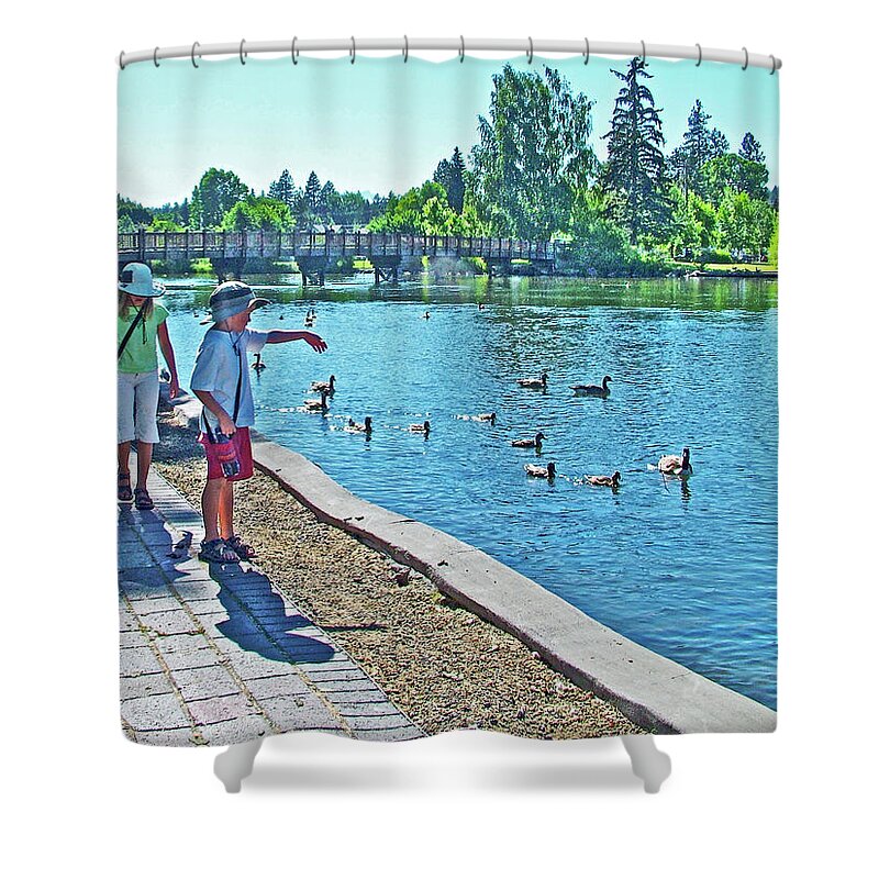 Walkway By The Des Chutes River In Bend Shower Curtain featuring the photograph Walkway by the Des Chutes River in Bend, Oregon by Ruth Hager