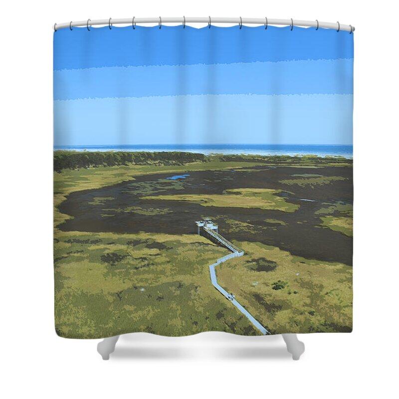 Bodie Island Shower Curtain featuring the drawing Walkway to Bodie Island Lighthouse by Darrell Foster
