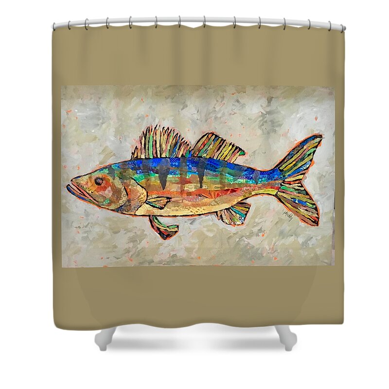 Fish Shower Curtain featuring the painting Walter the Walleye by Phiddy Webb