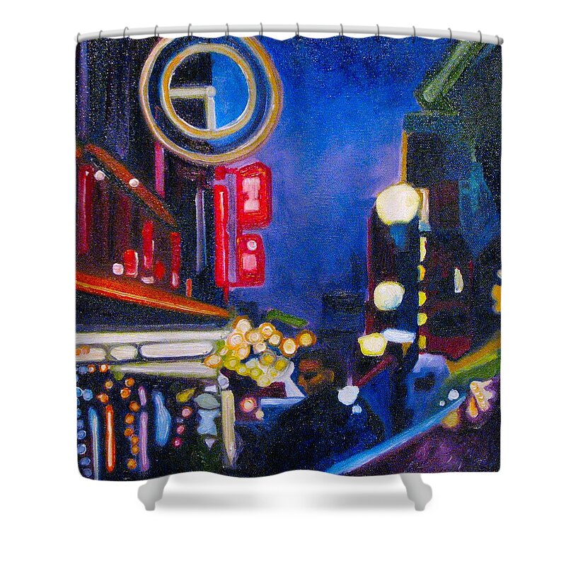 Night Scene Shower Curtain featuring the painting Wandering at Dusk by Patricia Arroyo