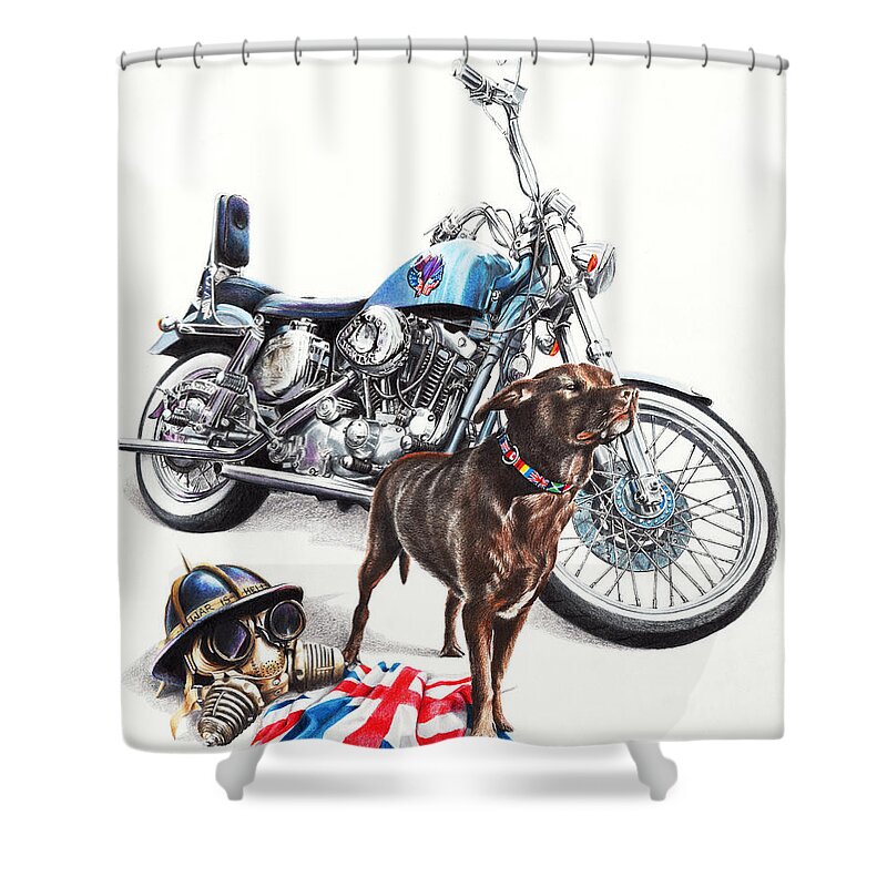 Motorbike Shower Curtain featuring the drawing War Is Hell by Peter Williams