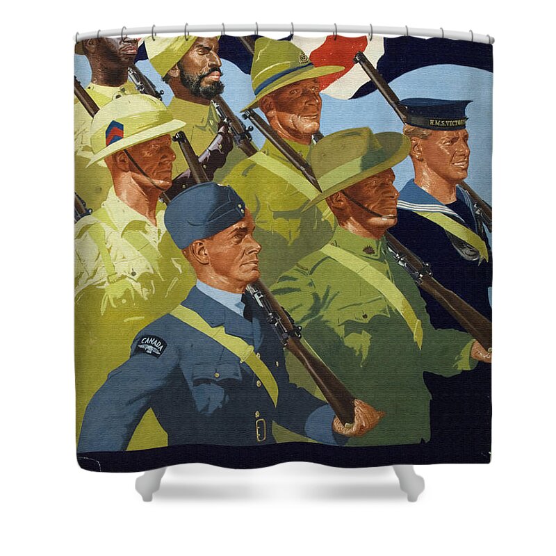 British Shower Curtain featuring the painting British Commonwealth War Time Propaganda Poster Together by Vintage Collectables