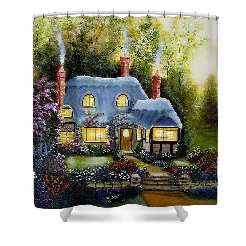 Cottage Shower Curtain featuring the painting Warm and Cozy Cottage by Debra Campbell