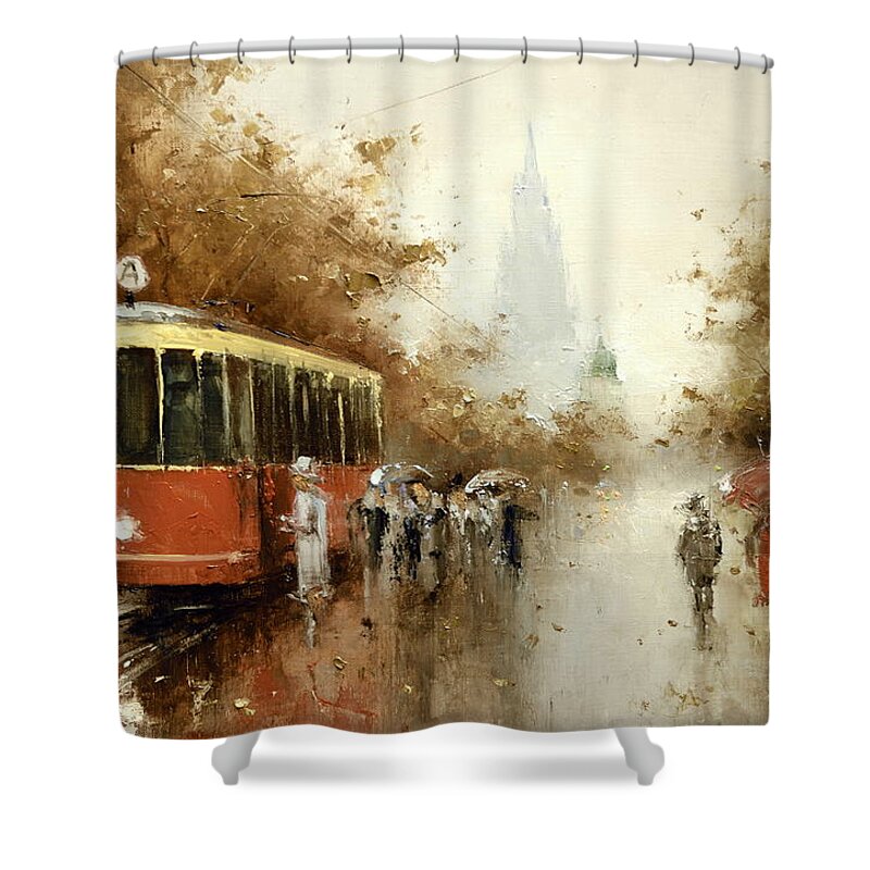 Russian Artists New Wave Shower Curtain featuring the painting Warm Moscow Autumn of 1953 by Igor Medvedev
