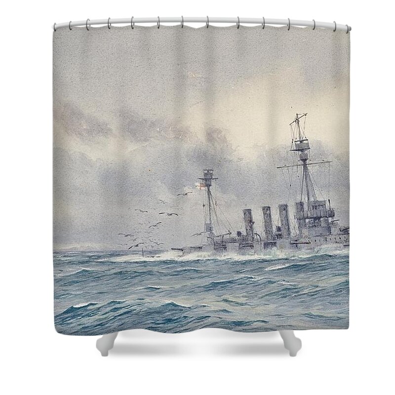 Alma Claude Burlton Cull (1880-1931) The Sinking Of H.m.s. Warrior After The Battle Of Jutland Shower Curtain featuring the painting Warrior after the Battle of Jutland by MotionAge Designs