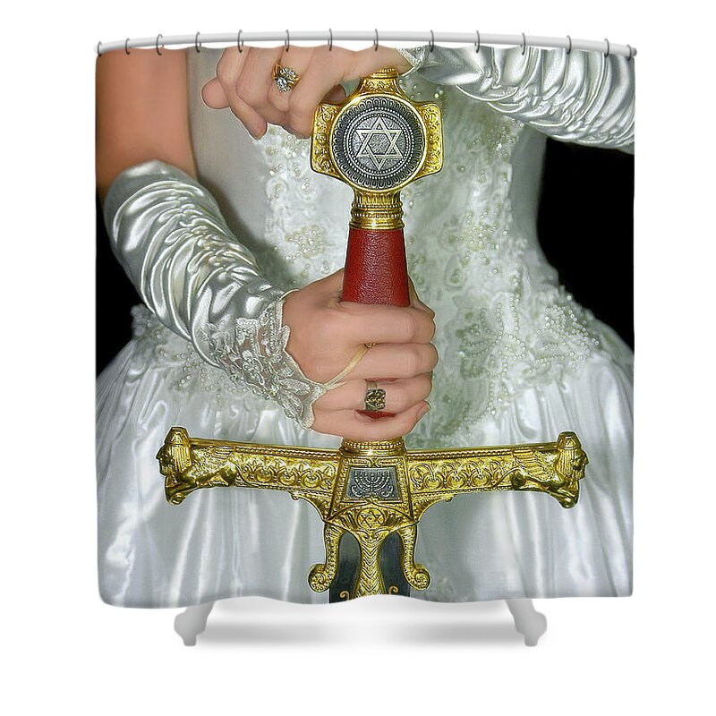Wedding Dress Shower Curtain featuring the mixed media Warrior Bride with Writing 2 by Constance Woods