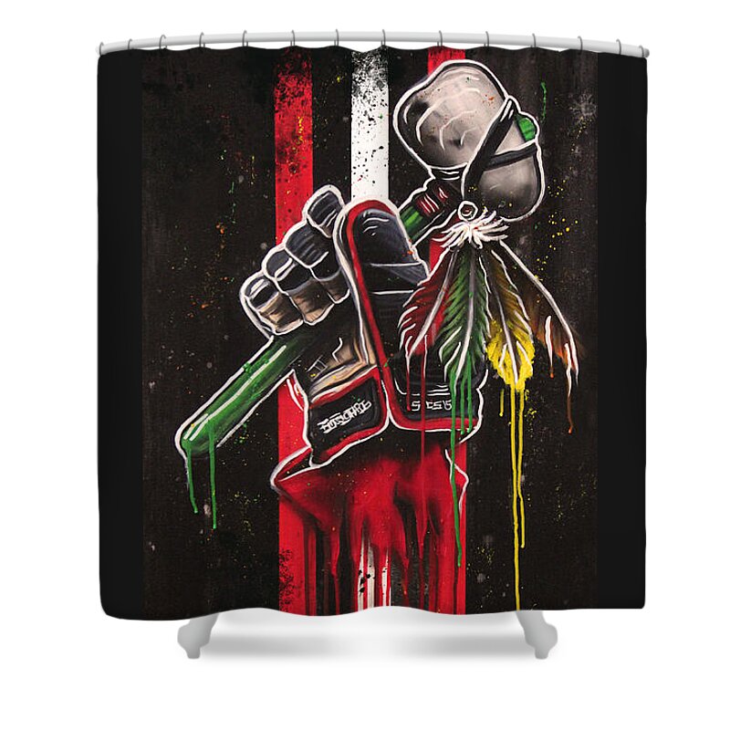 Chicago Blackhawks Shower Curtain featuring the mixed media Warrior Glove on Black by Michael Figueroa