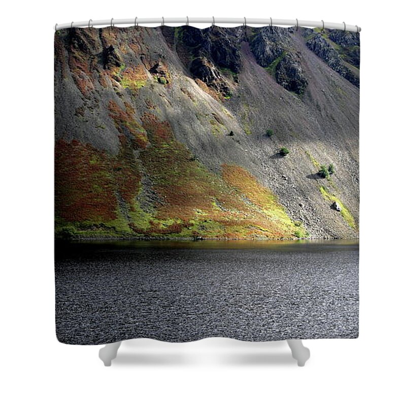 Wasdale Screes Lake District Cumbria England Mountain Sunlight Dappled Grey Steel Steely Bracken Shower Curtain featuring the photograph Wasdale Screes by Ian Sanders