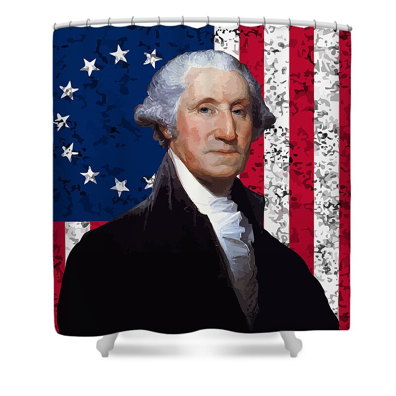 George Washington Shower Curtain featuring the painting Washington and The American Flag by War Is Hell Store