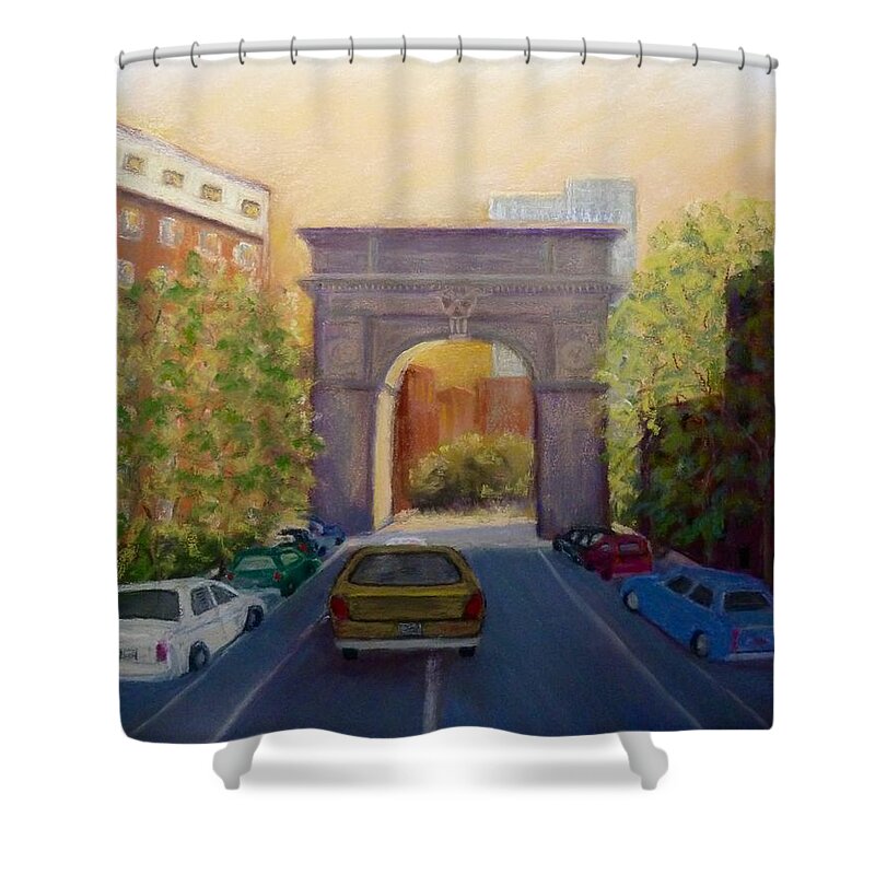 New York Shower Curtain featuring the painting Washington Square by Lynda Evans
