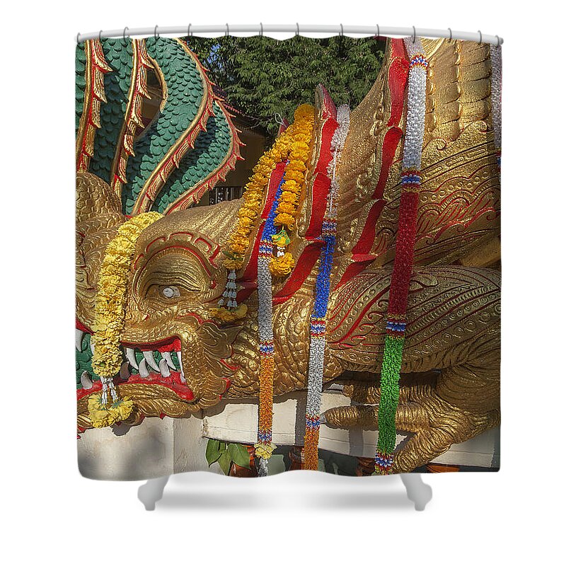 Temple Shower Curtain featuring the photograph Wat Phra Yai Naga Stair Guardian Makara DTHCB0004 by Gerry Gantt