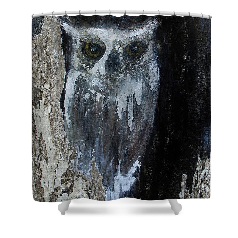 Owl Paintings- #owllovers #owls- #owlpaintings -abstract Art #paintingsbyraeannmgarrett Art By Rae Ann M. Garrett - Owl Art Shower Curtain featuring the painting Watcher Of The Woods #1 by Rae Ann M Garrett