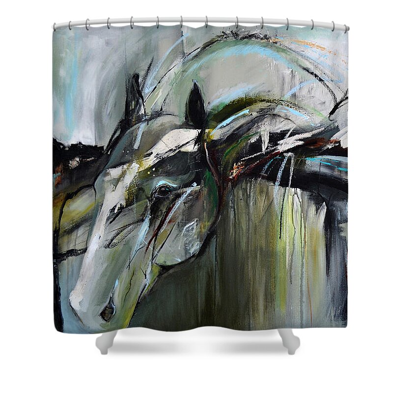 Horse Shower Curtain featuring the painting Watchful Gaze by Cher Devereaux