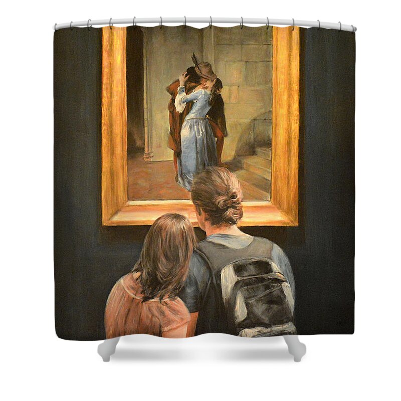 Watching Il Bacio ( The Kiss By Francesco Hayez) Shower Curtain featuring the painting Watching Il Bacio The Kiss by Francesco Hayez by Escha Van den bogerd