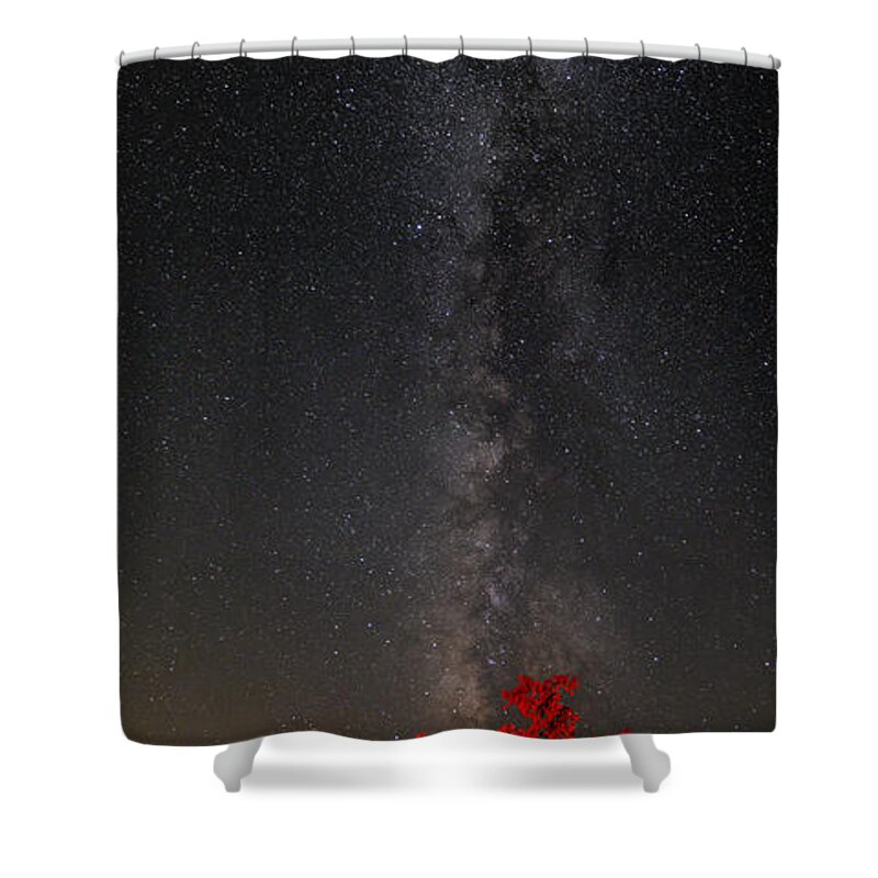 Enchanted Rock Shower Curtain featuring the photograph Watching in Awe as the Milky Way Rises Panorama - Enchanted Rock Fredericksburg Texas Hill Country by Silvio Ligutti