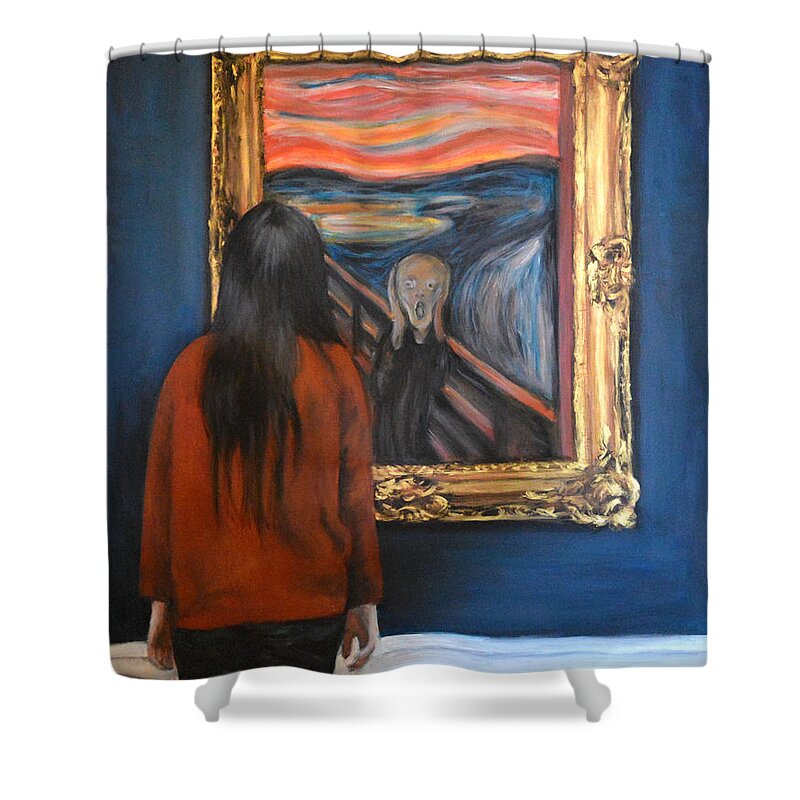 Watching The Scream ( Artist Edvard Munch) Acrylic On Canvas 85x105cm For More Museum Paintings See My Other Work Or Website If You Would Like A Painting Of You Watching Your Favorite Famous Artwork Message Me. Shower Curtain featuring the painting Watching The Scream by Escha Van den bogerd