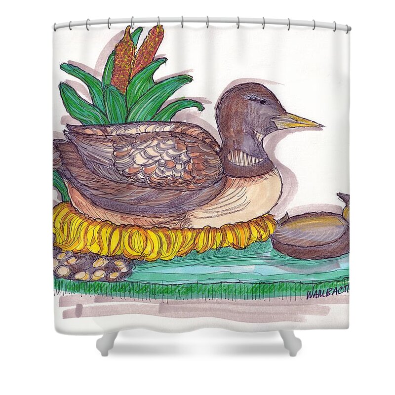 Water Fowl Shower Curtain featuring the drawing Water Fowl Motif #1 by Richard Wambach