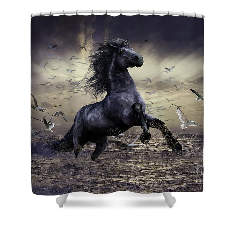 Water Horse Shower Curtain featuring the mixed media Racing before the Storm by Shanina Conway