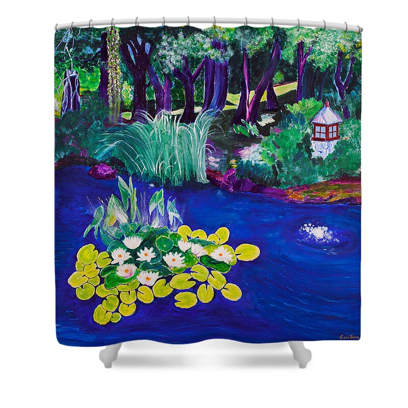 Lilies Shower Curtain featuring the painting Water Lily Garden 30x30 by Santana Star