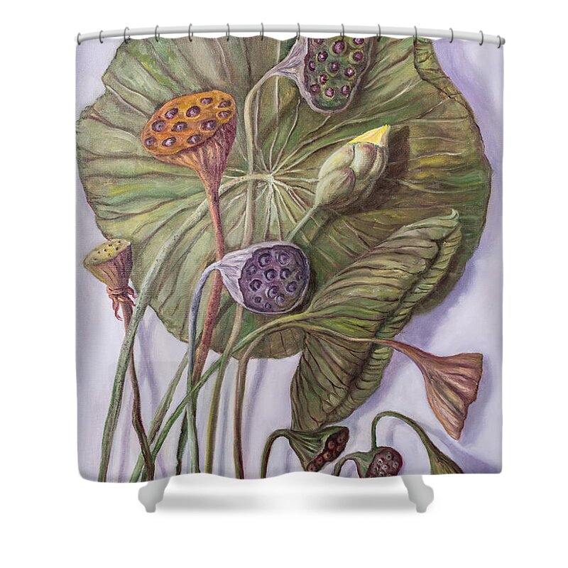 Water Lily Shower Curtain featuring the painting Water Lily Seed Pods Framed By a Leaf by Rand Burns